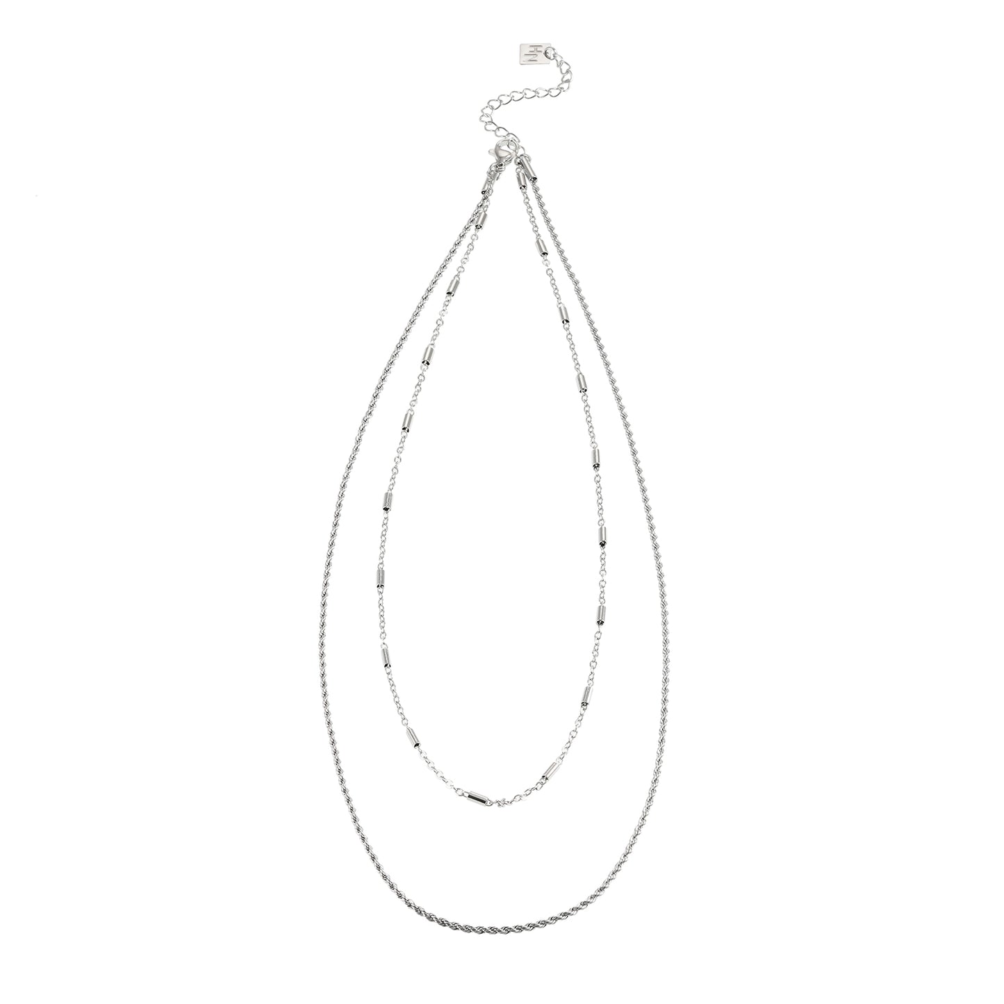 ADDA: Double Layer Mixed Chain Necklace in Silver Toned White Gold