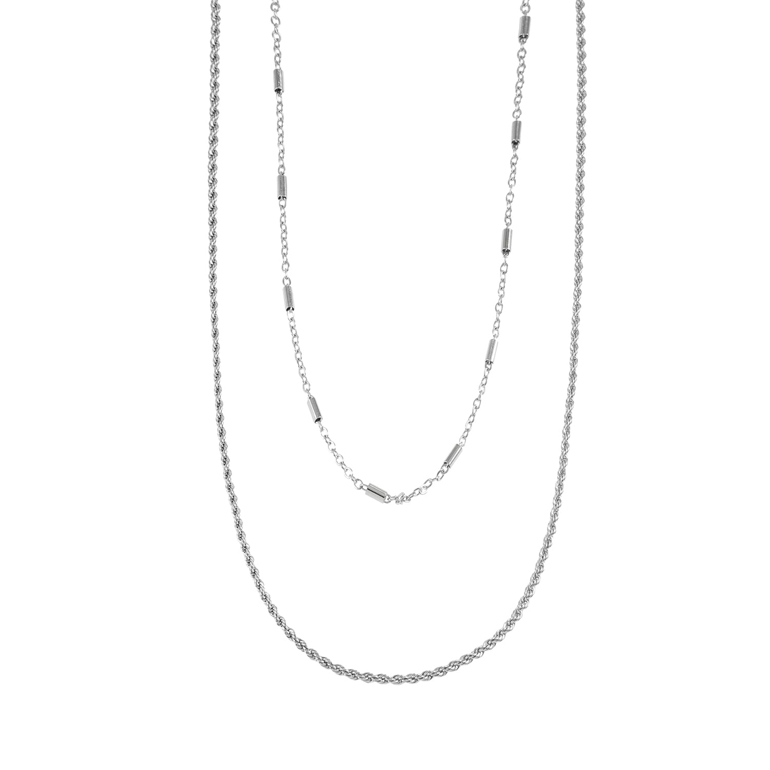 ADDA: Double Layer Mixed Chain Necklace in Silver Toned White Gold