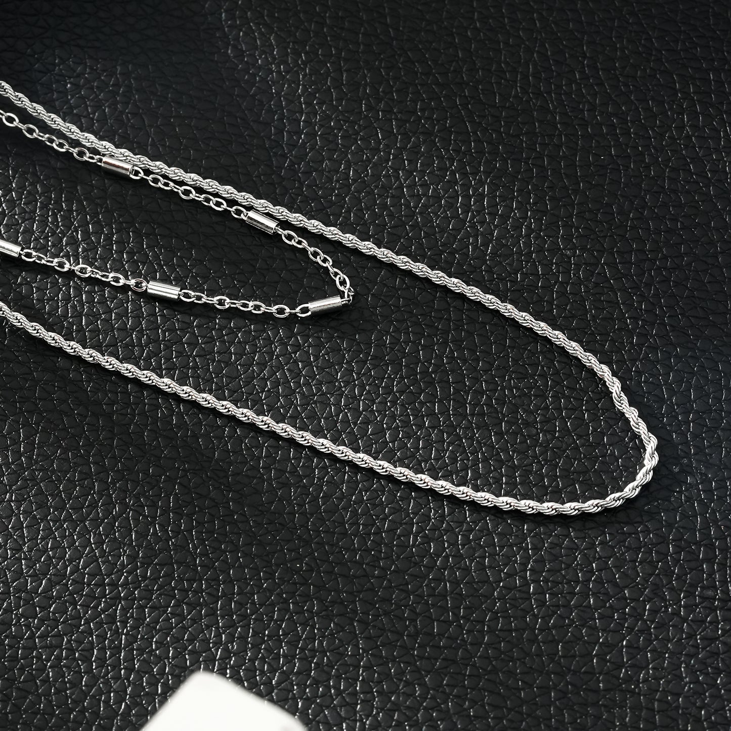 ADDA: Double Layer Mixed Chain Necklace in Silver Toned White Gold