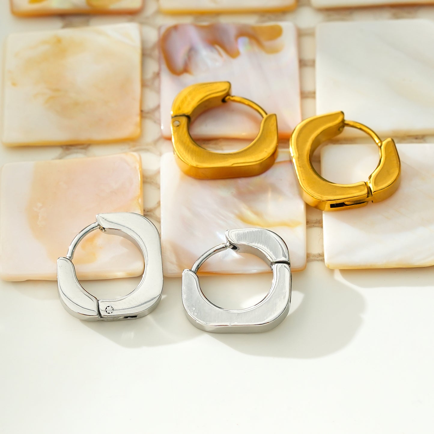 AIRA Gold & White Gold (Silver Toned): Industrial Chic-Tiny Rounded Squared Hoop Earrings