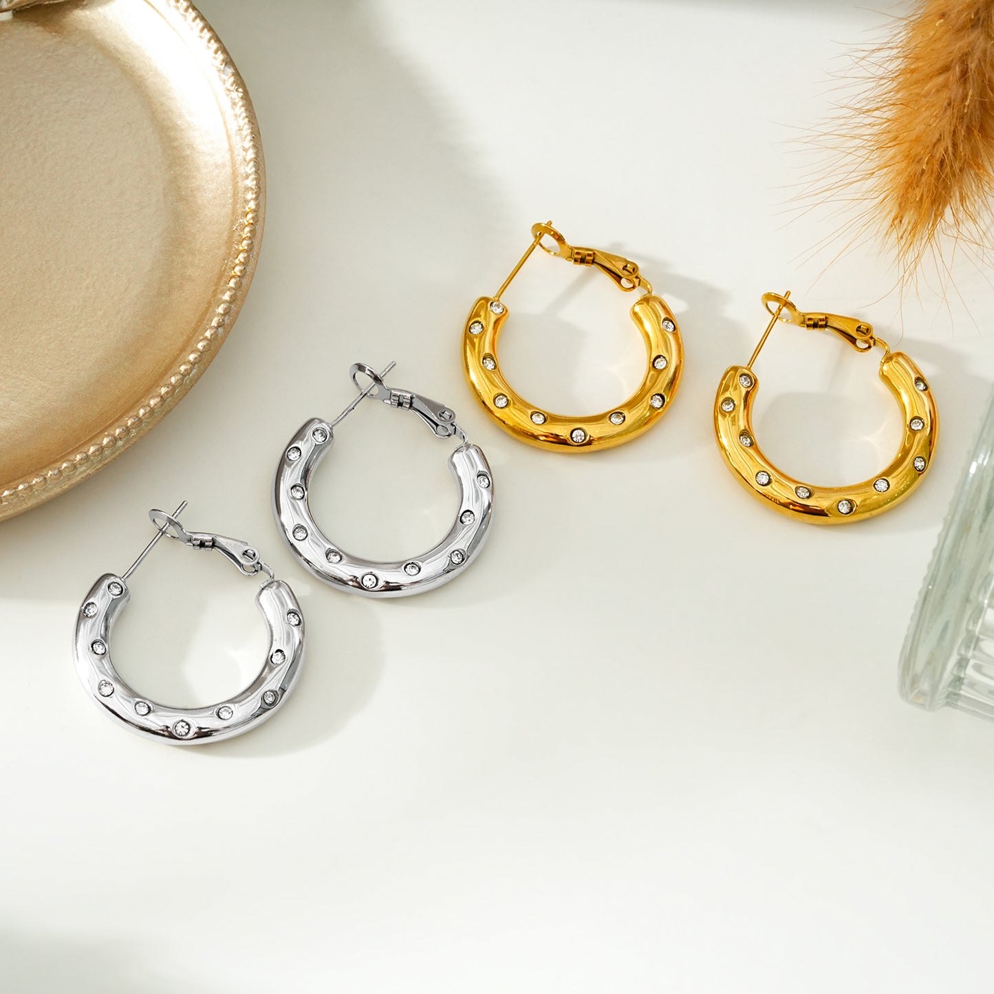 ALFRISTON Gold & White Gold (Silver Toned): Mid-Width Hoops Embedded with Zirconia (CZ) Gemstones