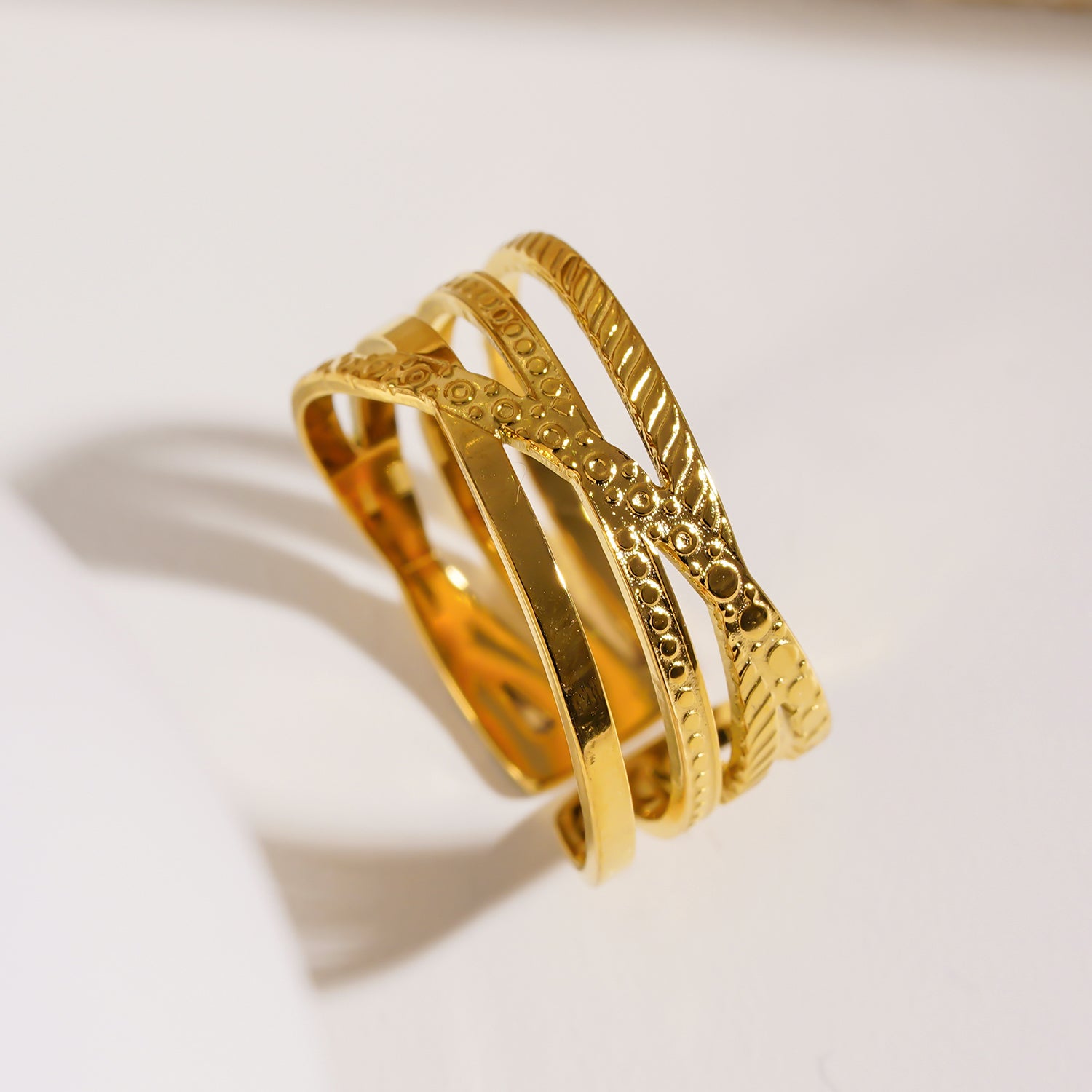 ALOIS: Cross Over Multi Stacked Textured Gold Ring