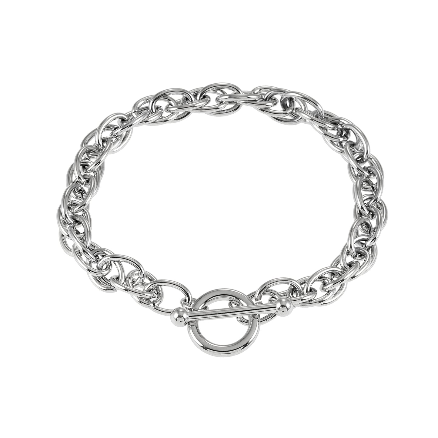 ARDA Silver Toned White Gold: Chunky Intricate Multi-Link Bracelet with Circle & T-Stopper 