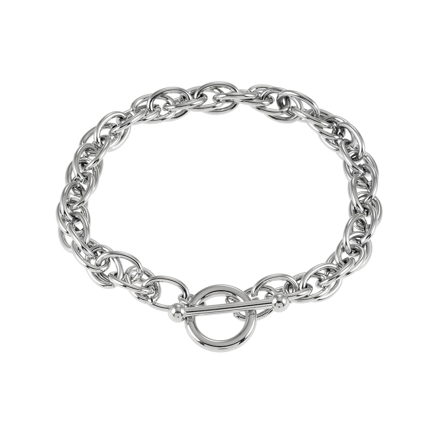 ARDA Silver Toned White Gold: Chunky Intricate Multi-Link Bracelet with Circle & T-Stopper 