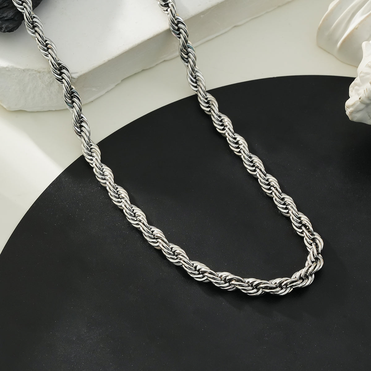 ARKLEY White Gold (Silver Toned): Chunky Rope Chain Textured Necklace.