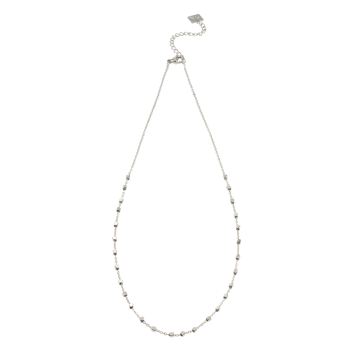 AUREOLE: Essential Daily Chain with Delicate Square Beads in Silver Toned White Gold.