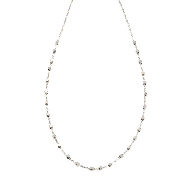 AUREOLE: Essential Daily Chain with Delicate Square Beads in Silver Toned White Gold.