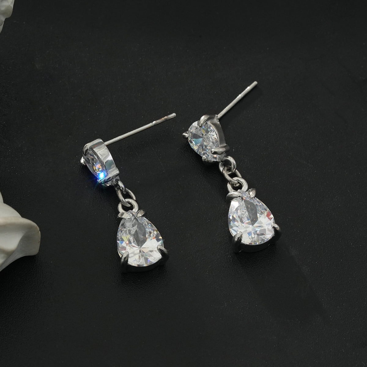 AYER: Radiance Duo Zirconia (CZ) Drop Stud Earrings in Silver Toned White Gold