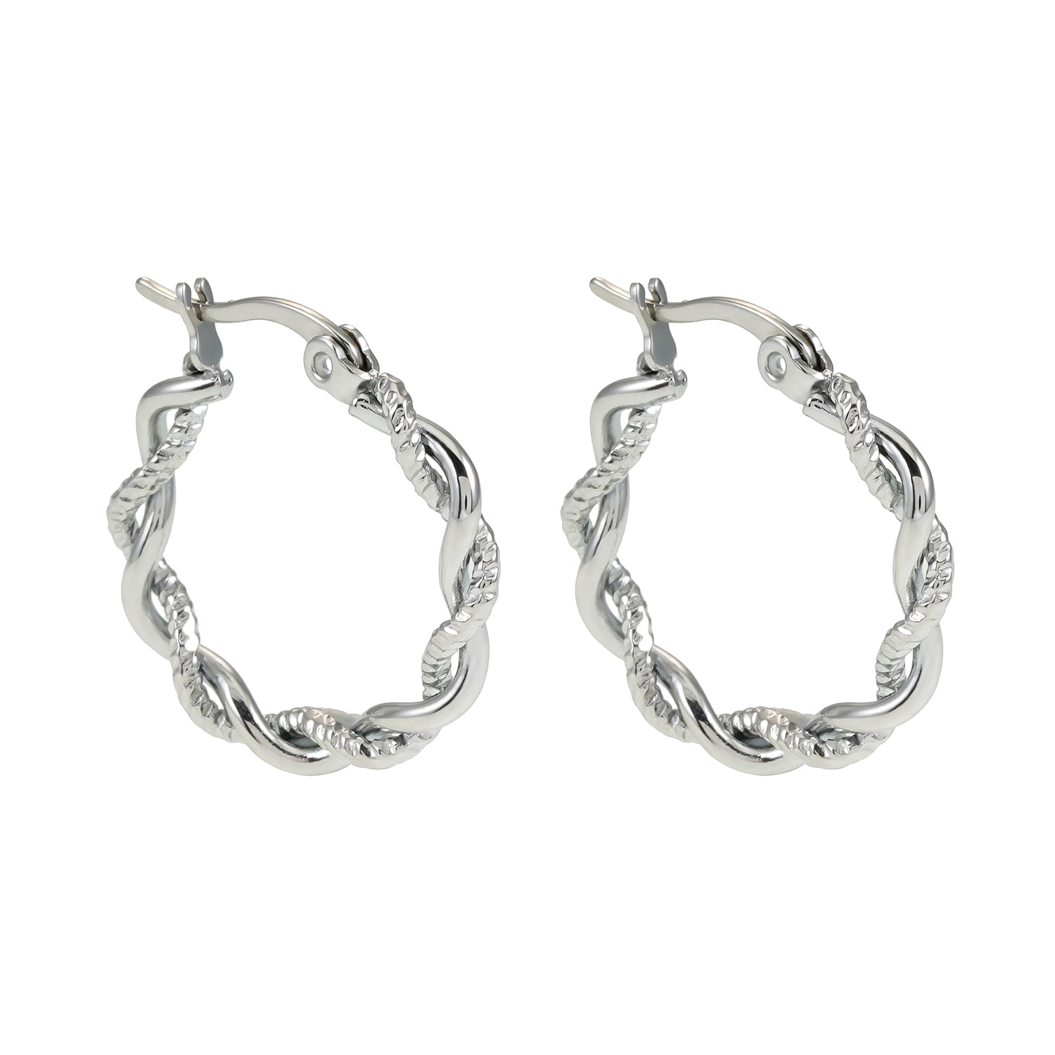 BARBARA White Gold (Silver Toned): Contrast Textured Twisted Rope Hoop Earrings