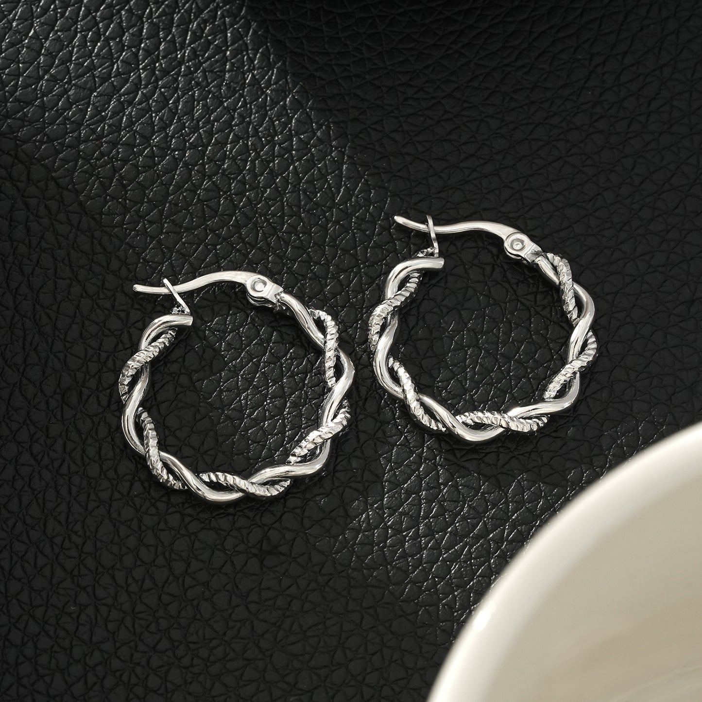 BARBARA White Gold (Silver Toned): Contrast Textured Twisted Rope Hoop Earrings