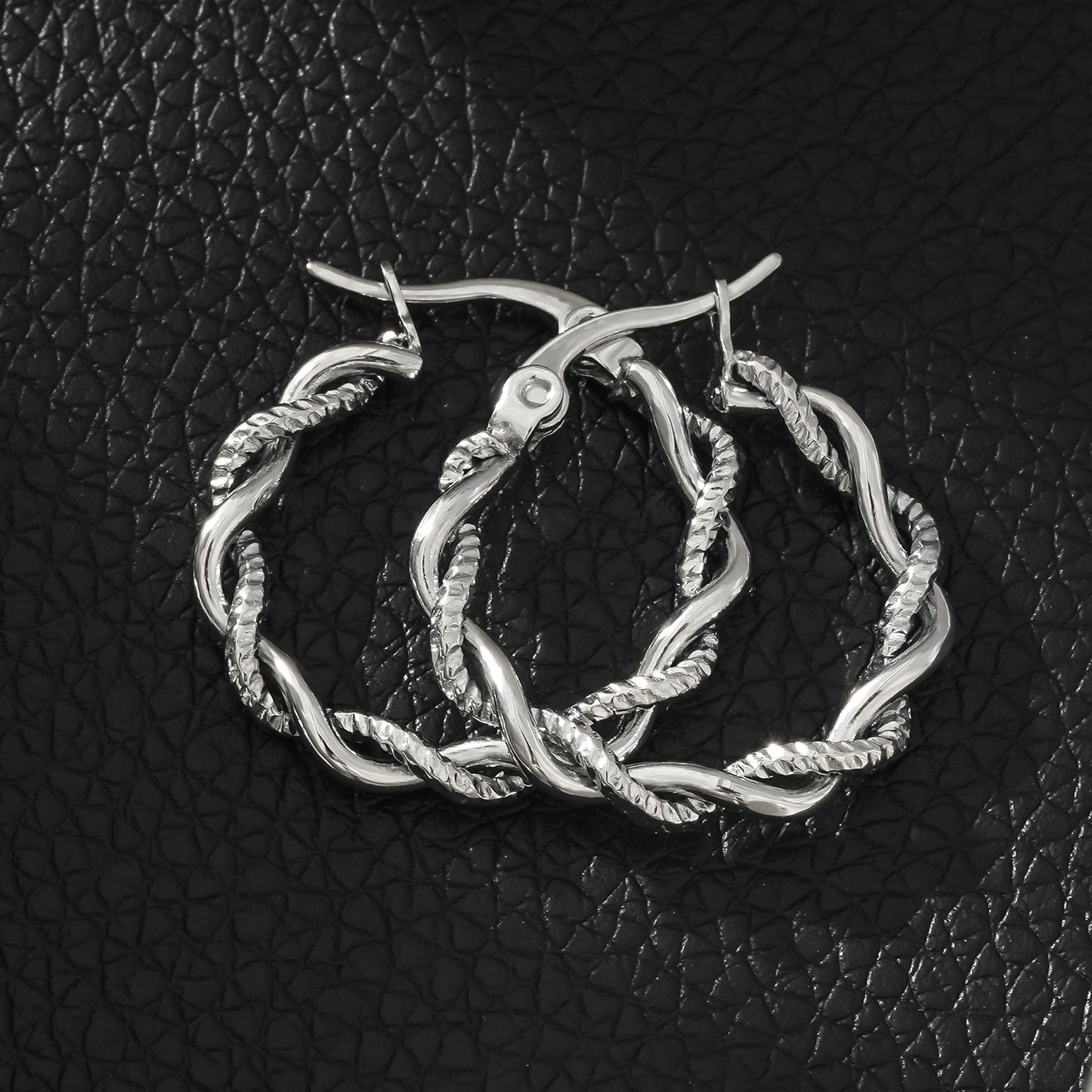 BARBARA White Gold (Silver Toned): Contrast Textured Twisted Rope Hoop Earrings