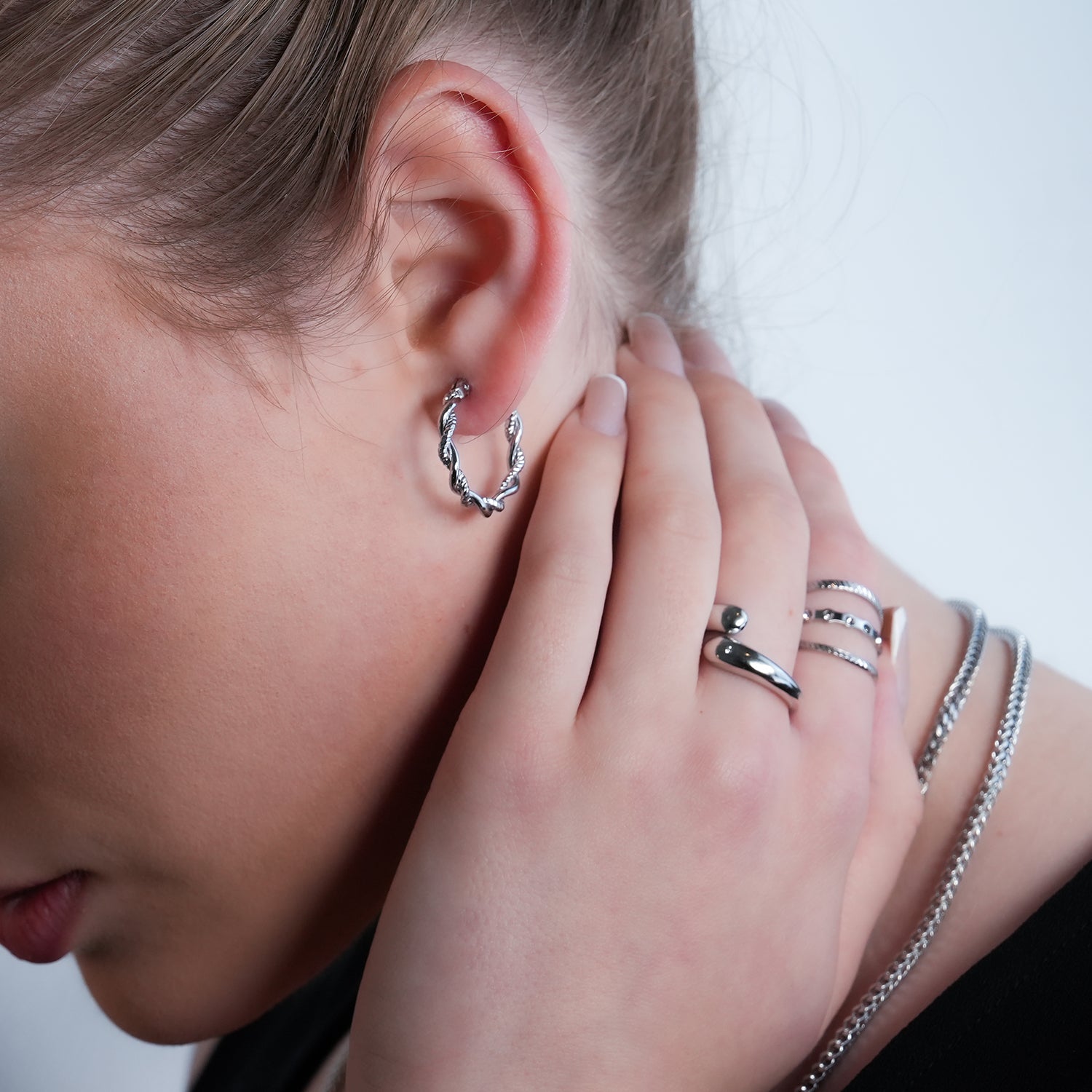 BARBARA White Gold (Silver Toned): Contrast Textured Twisted Rope Hoop Earrings