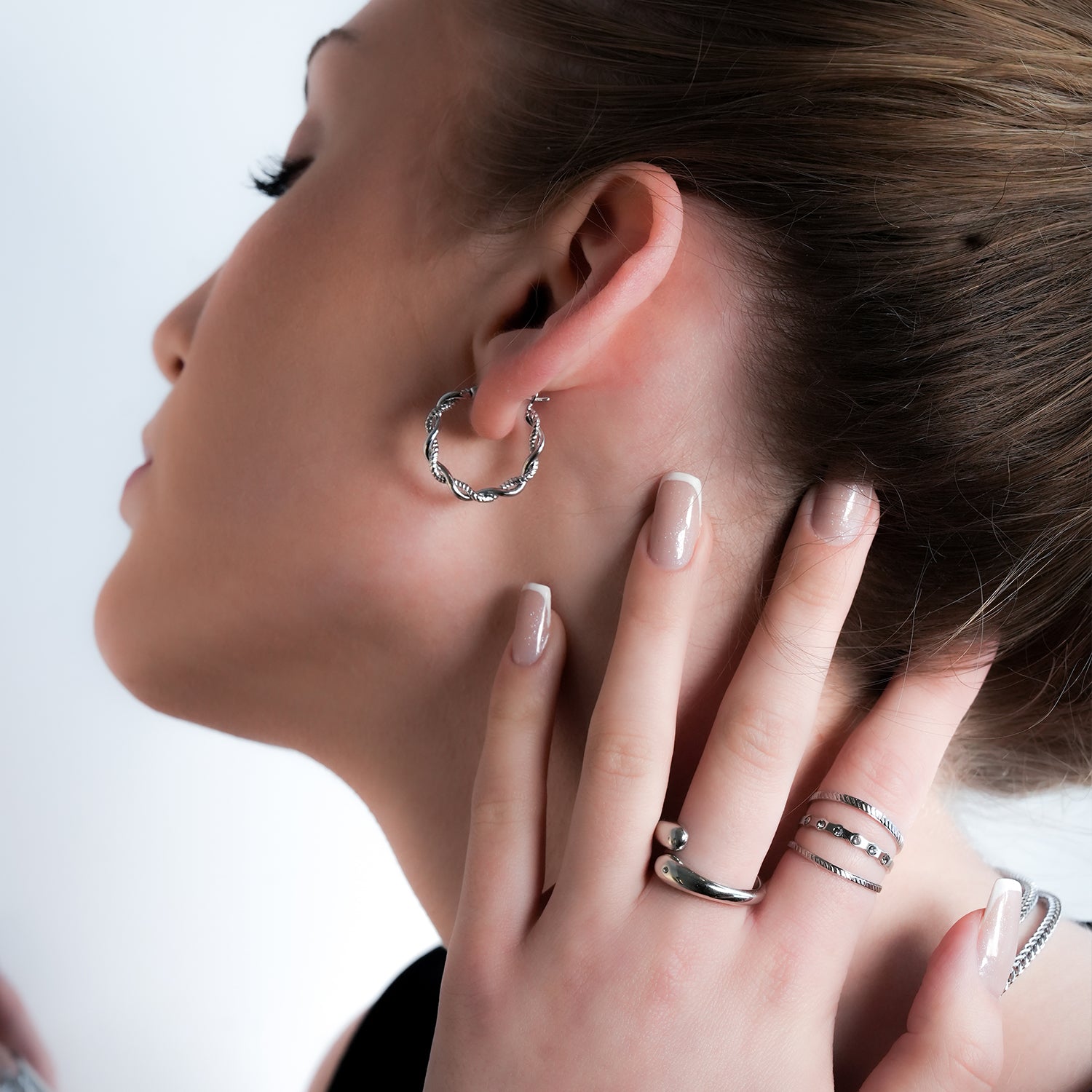 BARBARA White Gold (Silver Toned): Contrast Textured Twisted Rope Hoop Earrings