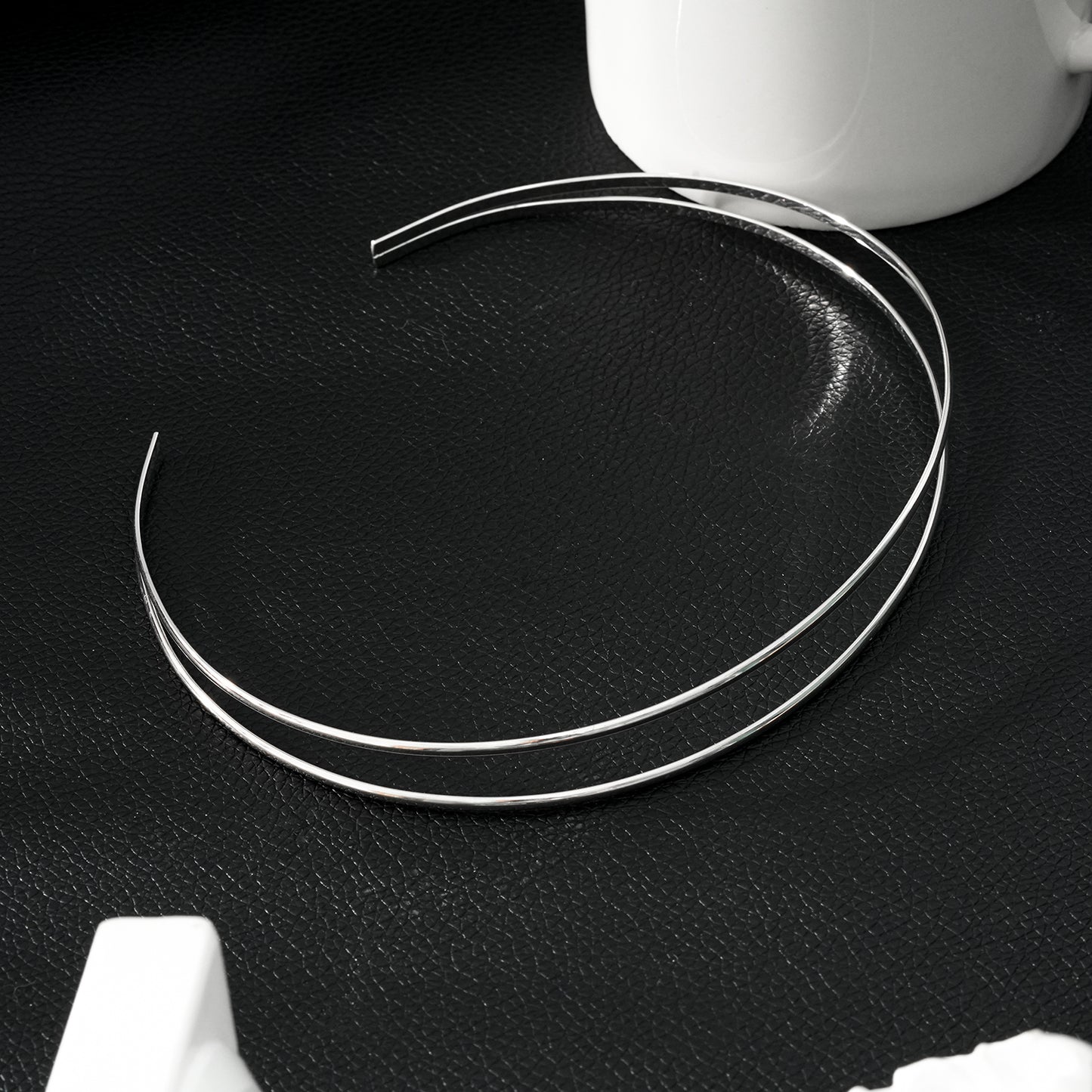 BETHANIE Silver (White Gold): Double Banded Choker Collar Necklace.