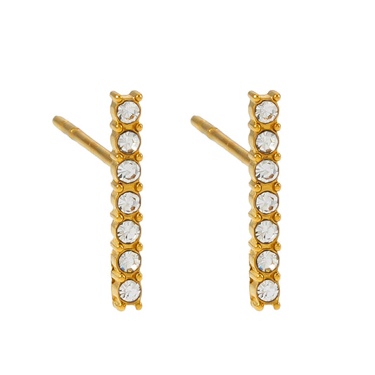 BIHAR: Minimalist Pavé Zirconia Embedded Bar Stud Earrings in Gold.