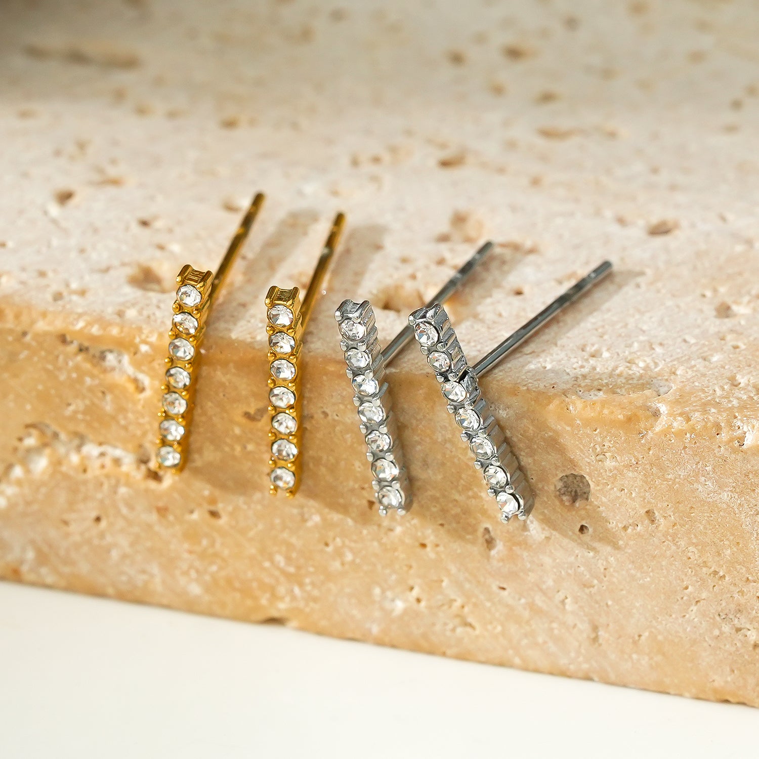 BIHAR: Minimalist Pavé Zirconia Embedded Bar Stud Earrings in White Gold (Silver Toned) & Gold