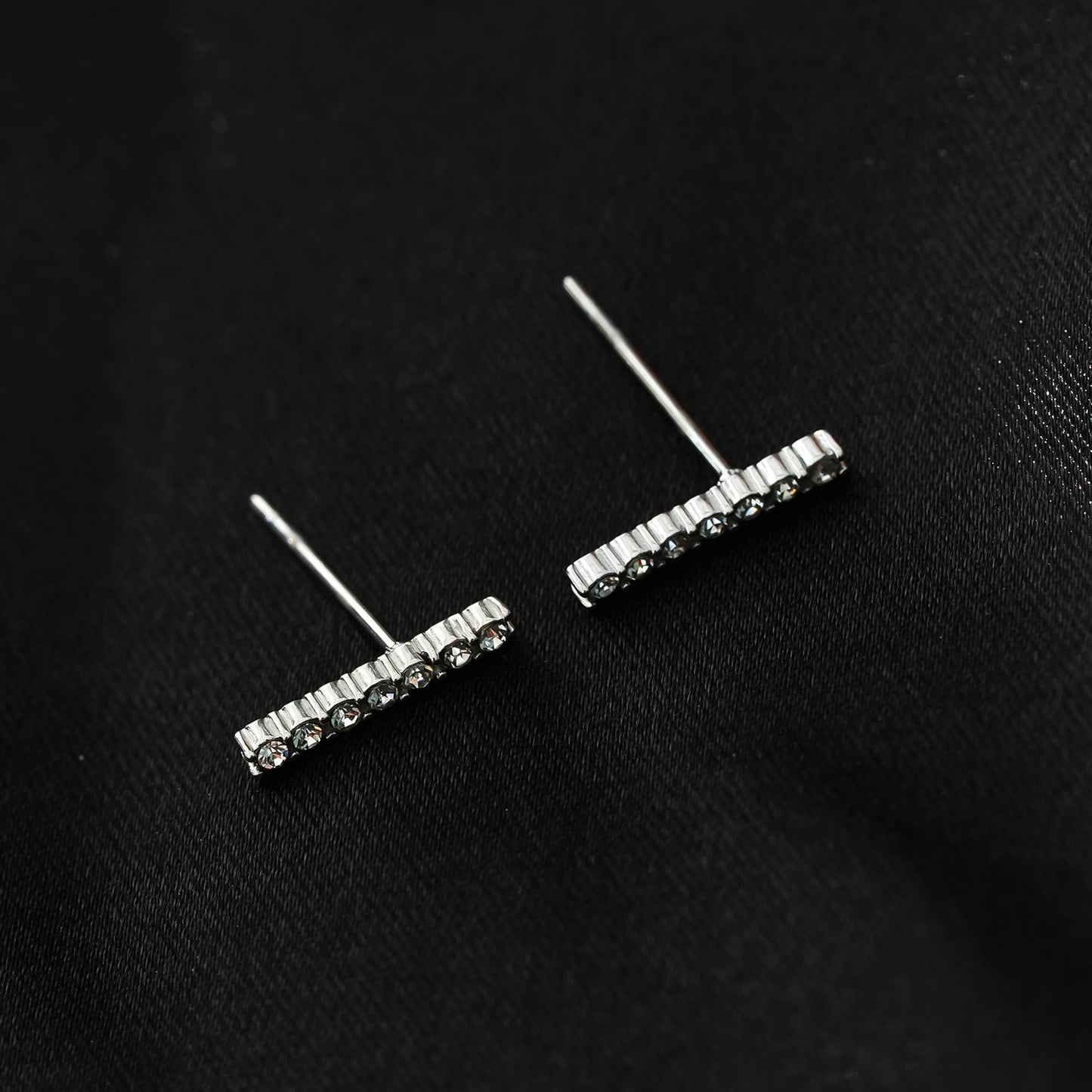 BIHAR: Minimalist Pavé Zirconia Embedded Bar Stud Earrings in White Gold (Silver Toned)