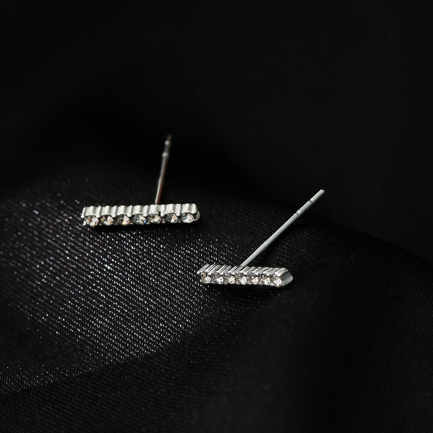 BIHAR: Minimalist Pavé Zirconia Embedded Bar Stud Earrings in White Gold (Silver Toned)