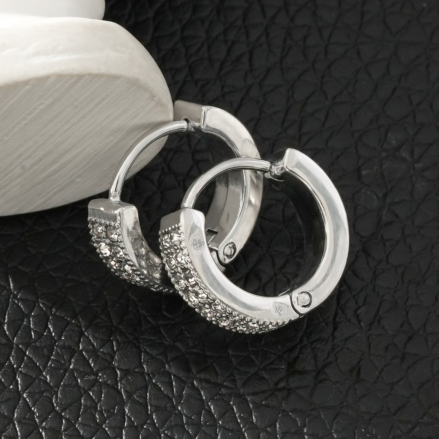 BLOUBERG White Gold (Silver Toned): Double Row Pavé Zirconia (CZ) Mini Hoop Earrings