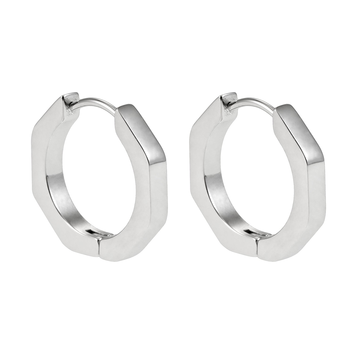 BOLZANO Silver Toned White Gold: Hexagon Shaped Contemporary Hoop Earrings