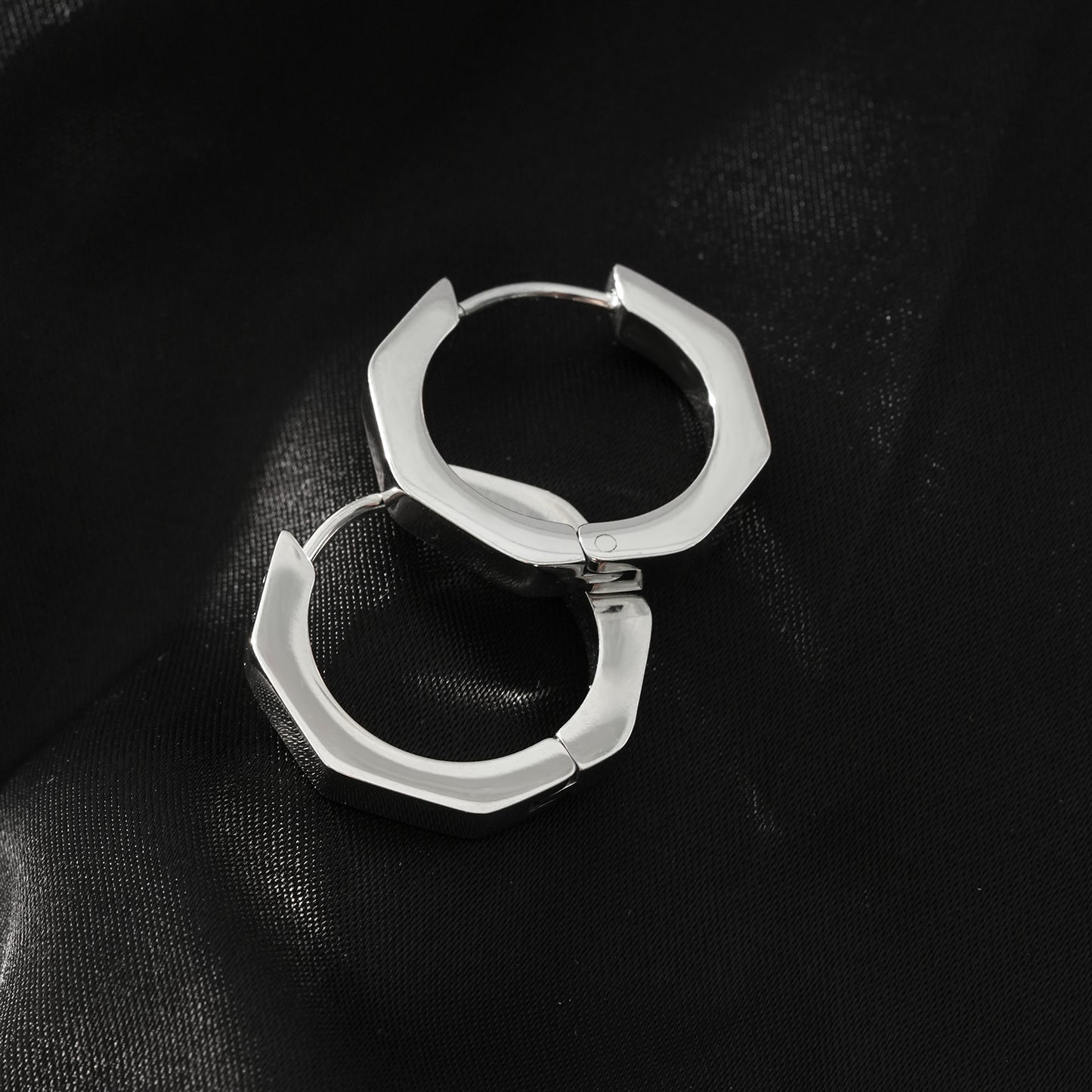 BOLZANO Silver Toned White Gold: Hexagon Shaped Contemporary Hoop Earrings