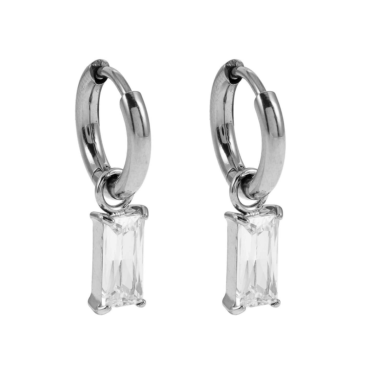 Style CACA White Gold (Silver Toned): Vintage Inspired Encased Clear Crystal Drop Hoop Earrings