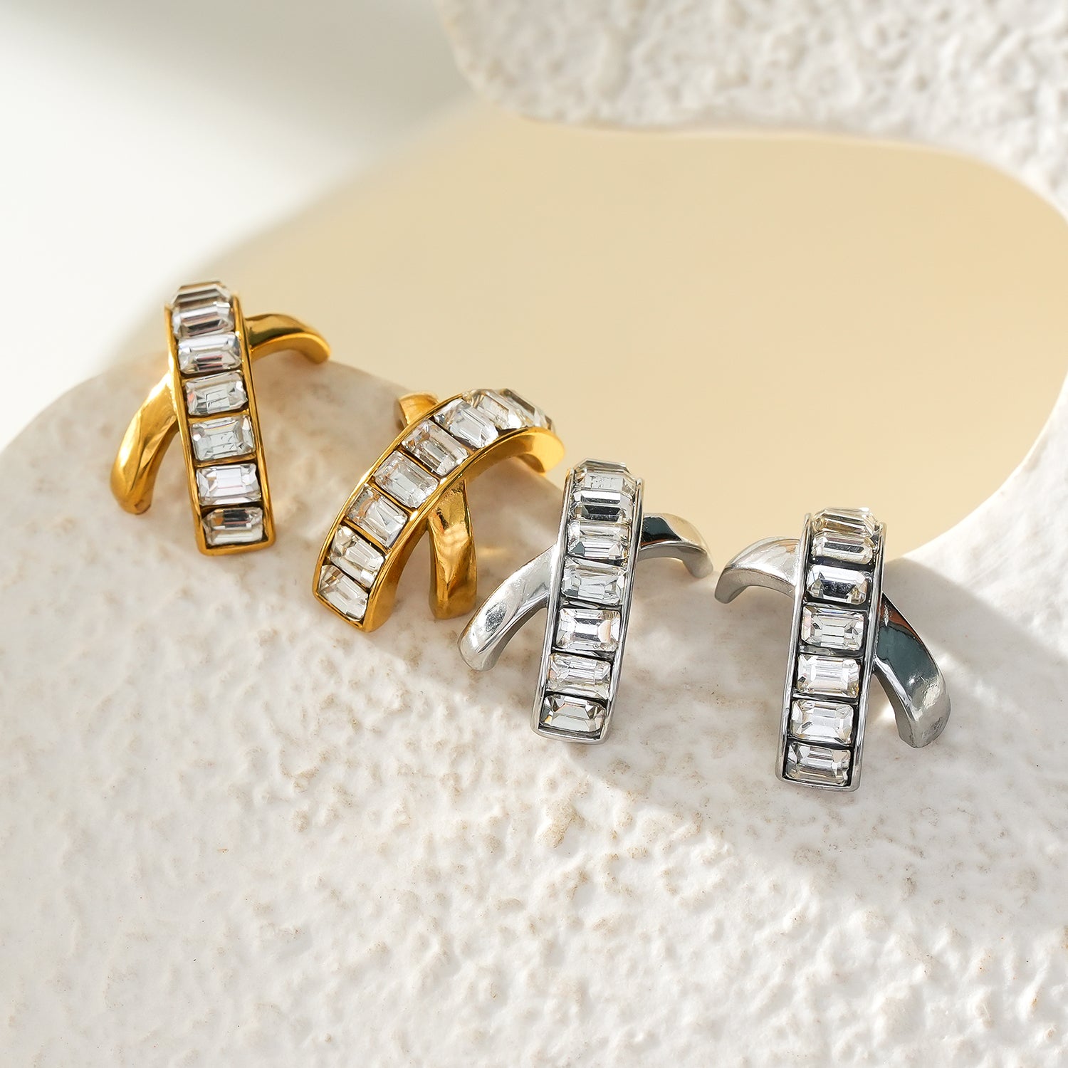 CARBIS: Retro Style Crossover Zirconia Embedded Earrings in Gold & Silver