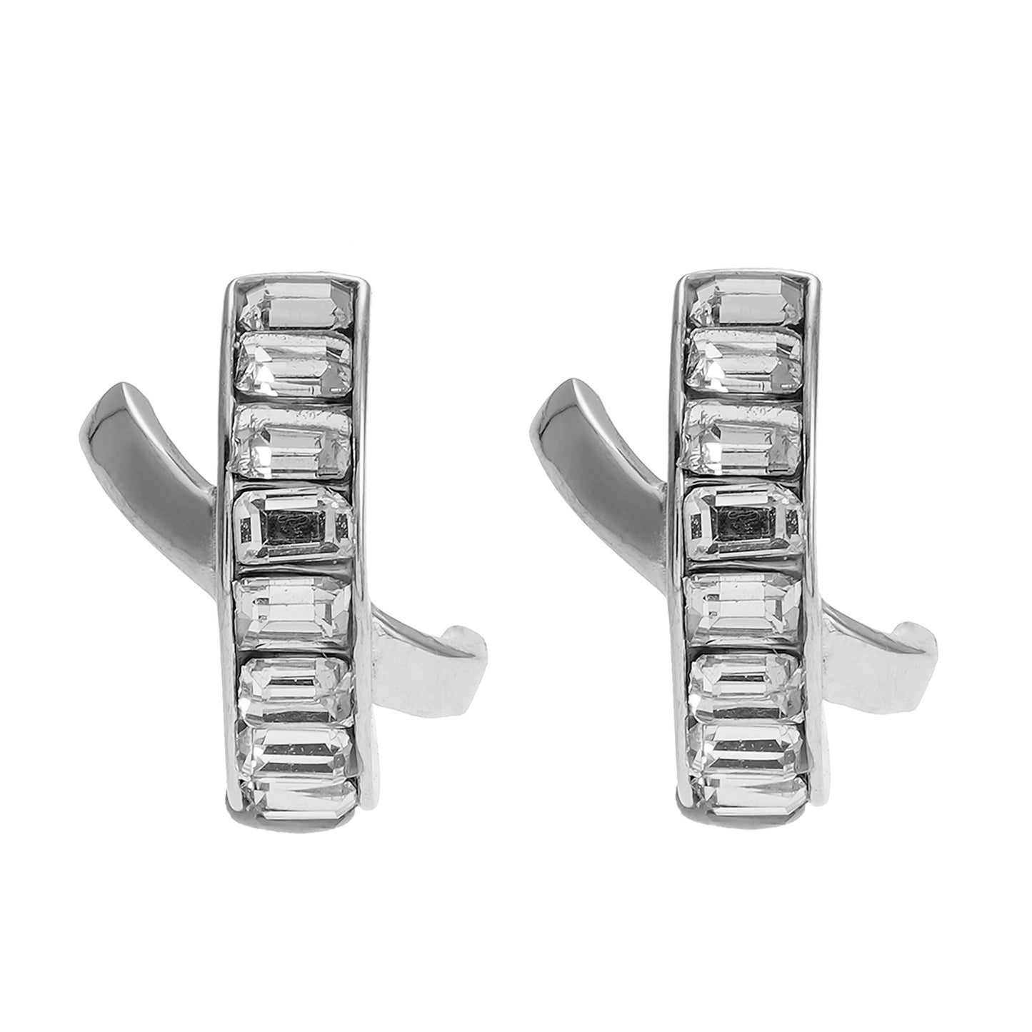 CARBIS: Retro Style Crossover Zirconia Embedded Earrings in White Gold (Silver Toned)