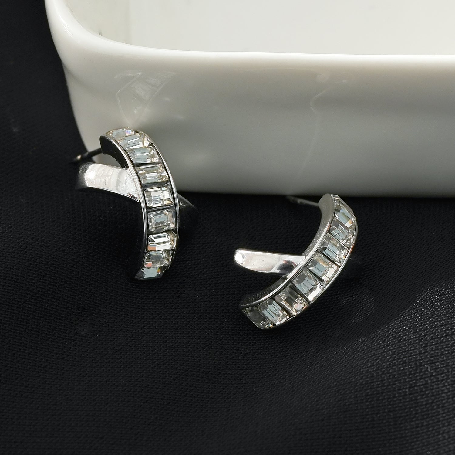 CARBIS: Retro Style Crossover Zirconia Embedded Earrings in White Gold (Silver Toned)