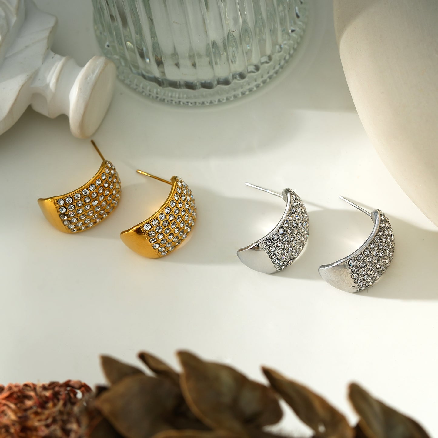 Style CARMEL: Curved Pavé Zirconia Stud Earrings in Gold & Silver