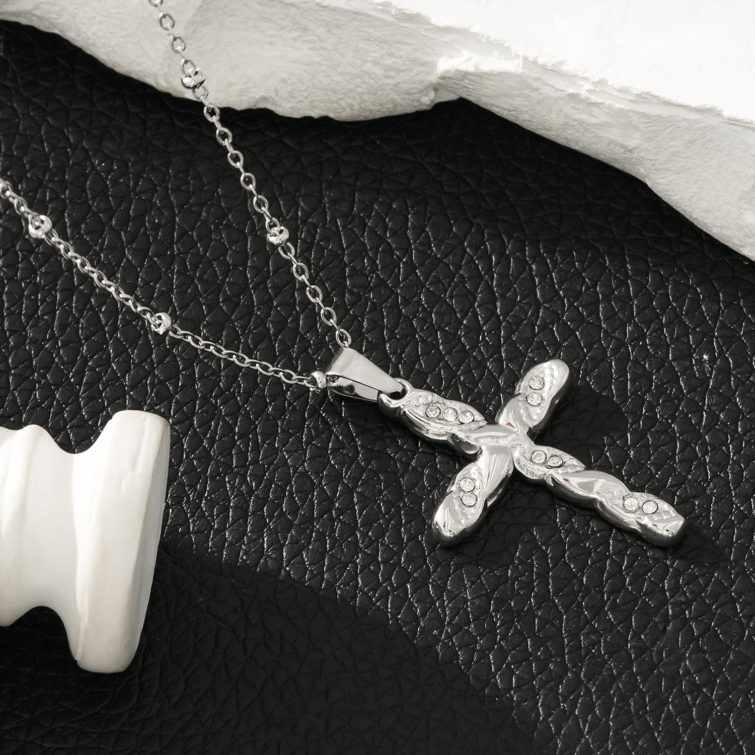 CHAMONIX Silver Toned White Gold: Dainty Beaded Chain Necklace with a Zirconia Embedded Textured Cross Pendent