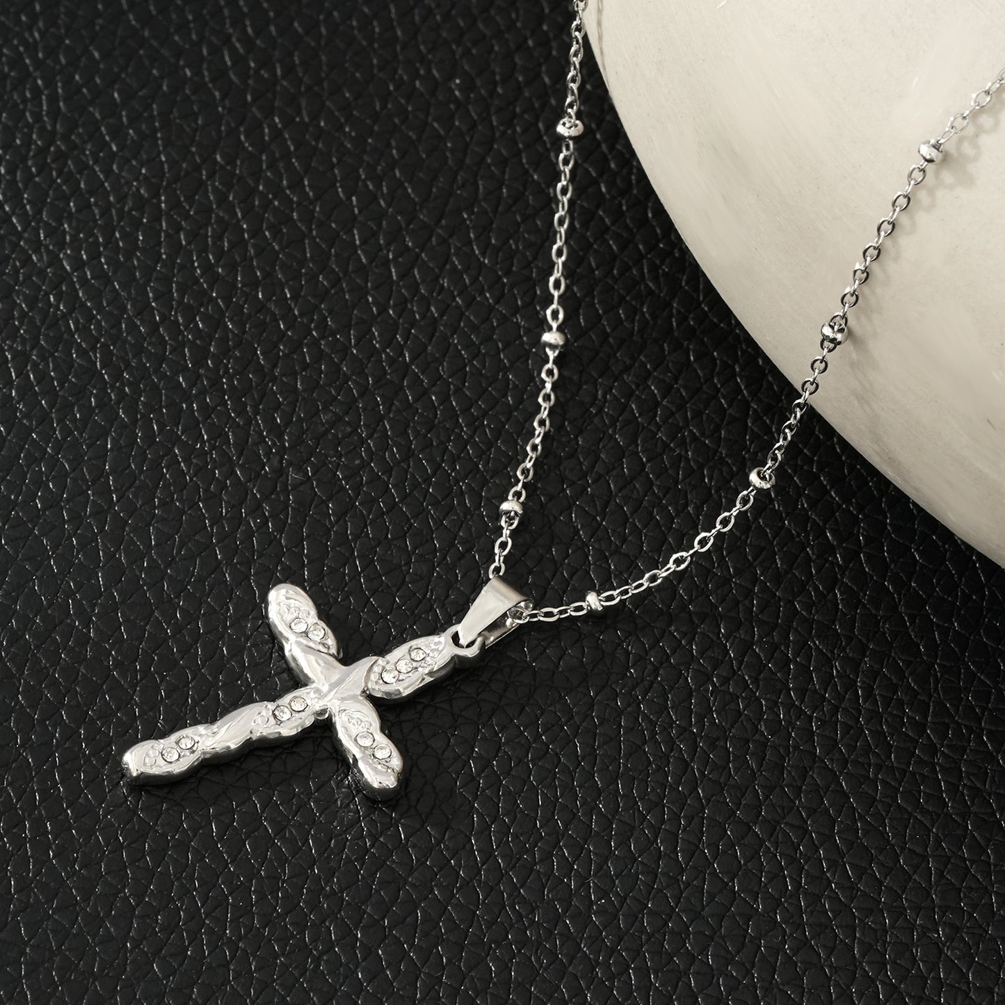 CHAMONIX Silver Toned White Gold: Dainty Beaded Chain Necklace with a Zirconia Embedded Textured Cross Pendent