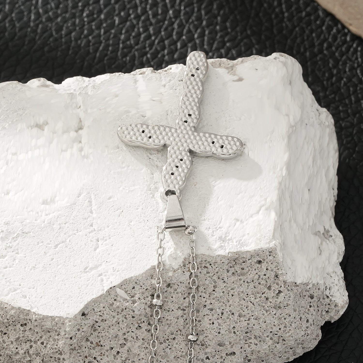 CHAMONIX Silver Toned White Gold: Dainty Beaded Chain Necklace with a Zirconia Embedded Textured Cross Pendent