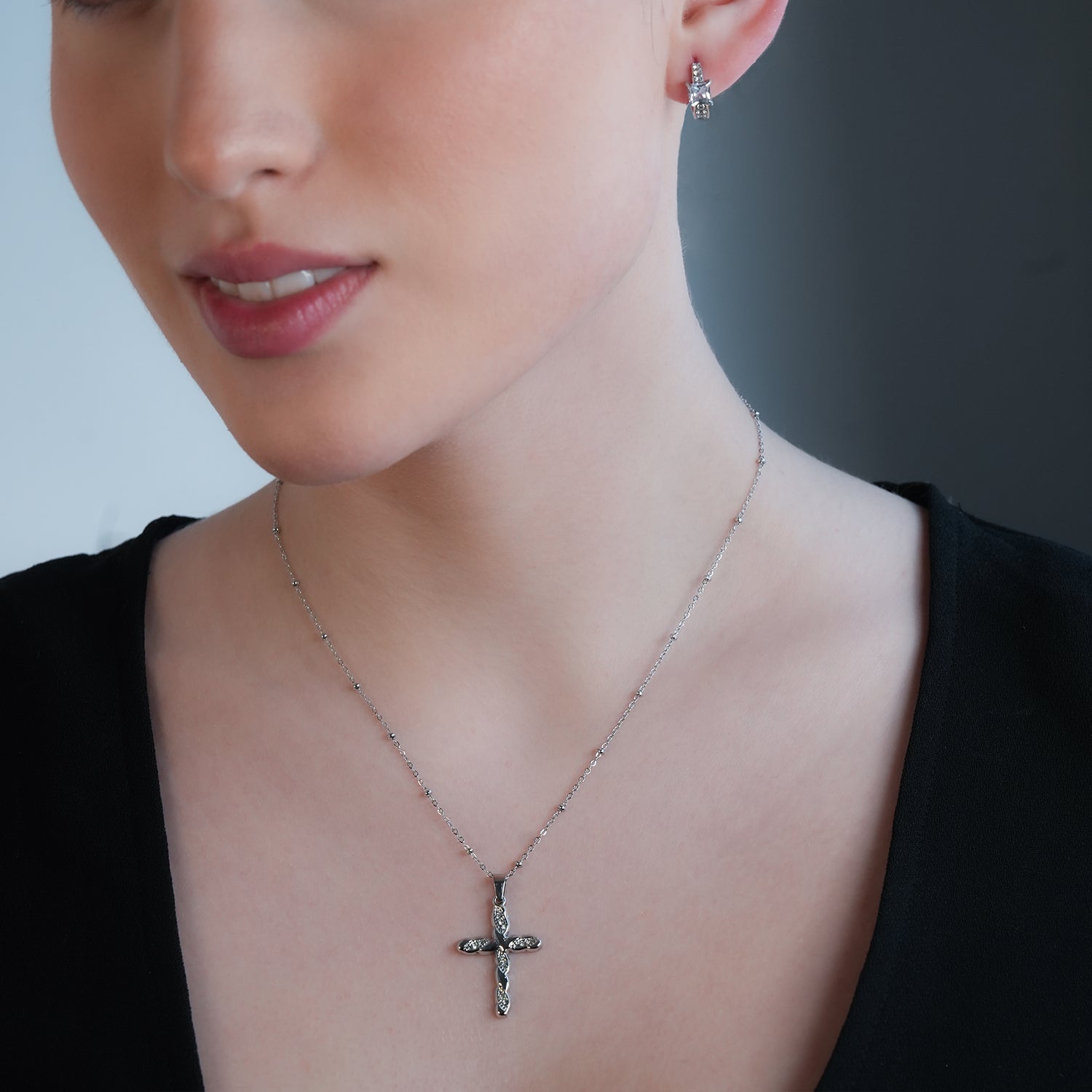 CHAMONIX Silver Toned White Gold: Dainty Beaded Chain Necklace with a Zirconia Embedded Textured Cross Pendent