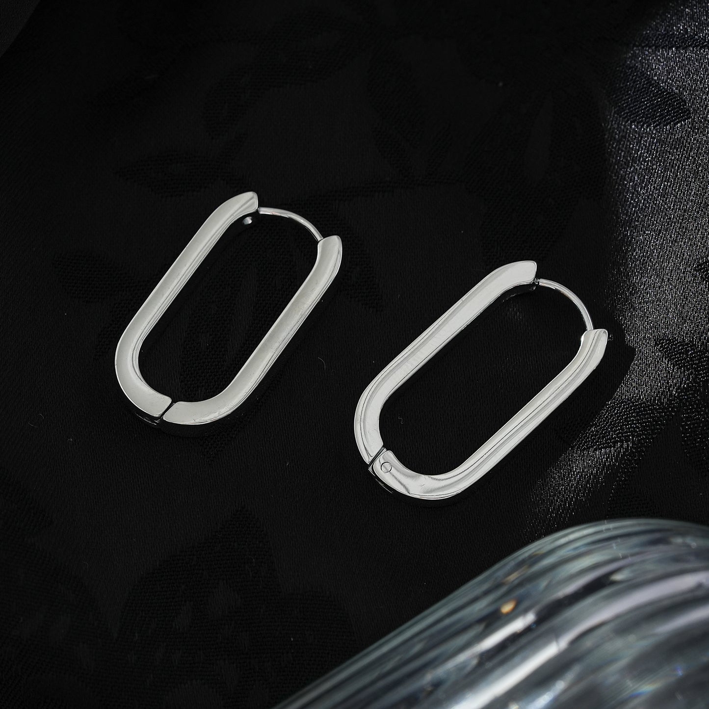 CHANDA White Gold (Silver Tone): Rounded Corners Rectangular Hoop Earrings