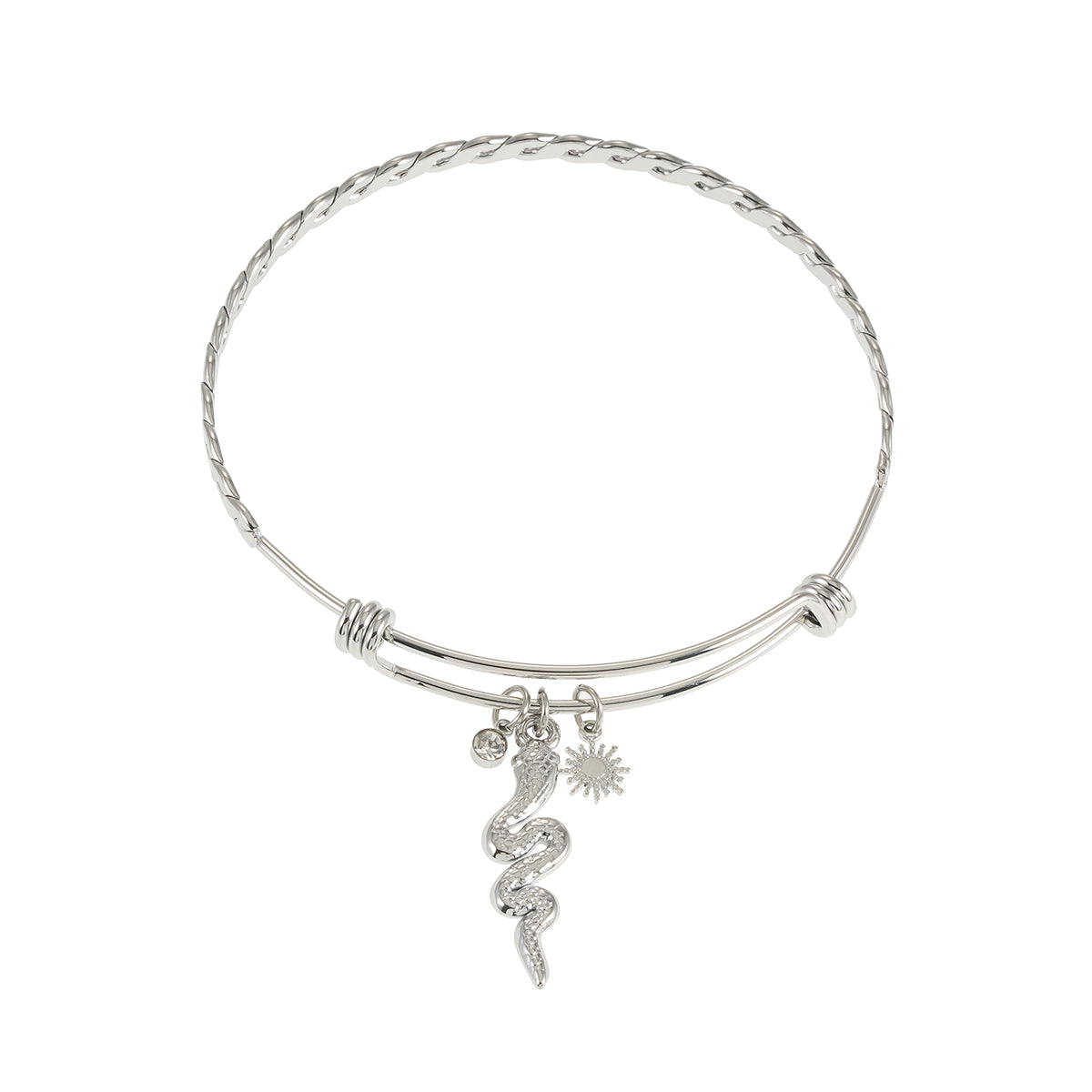 CATALINA White Gold (Silver Toned): Bracelet with Serpent, Sun Symbol and Zirconia (CZ) Charms.