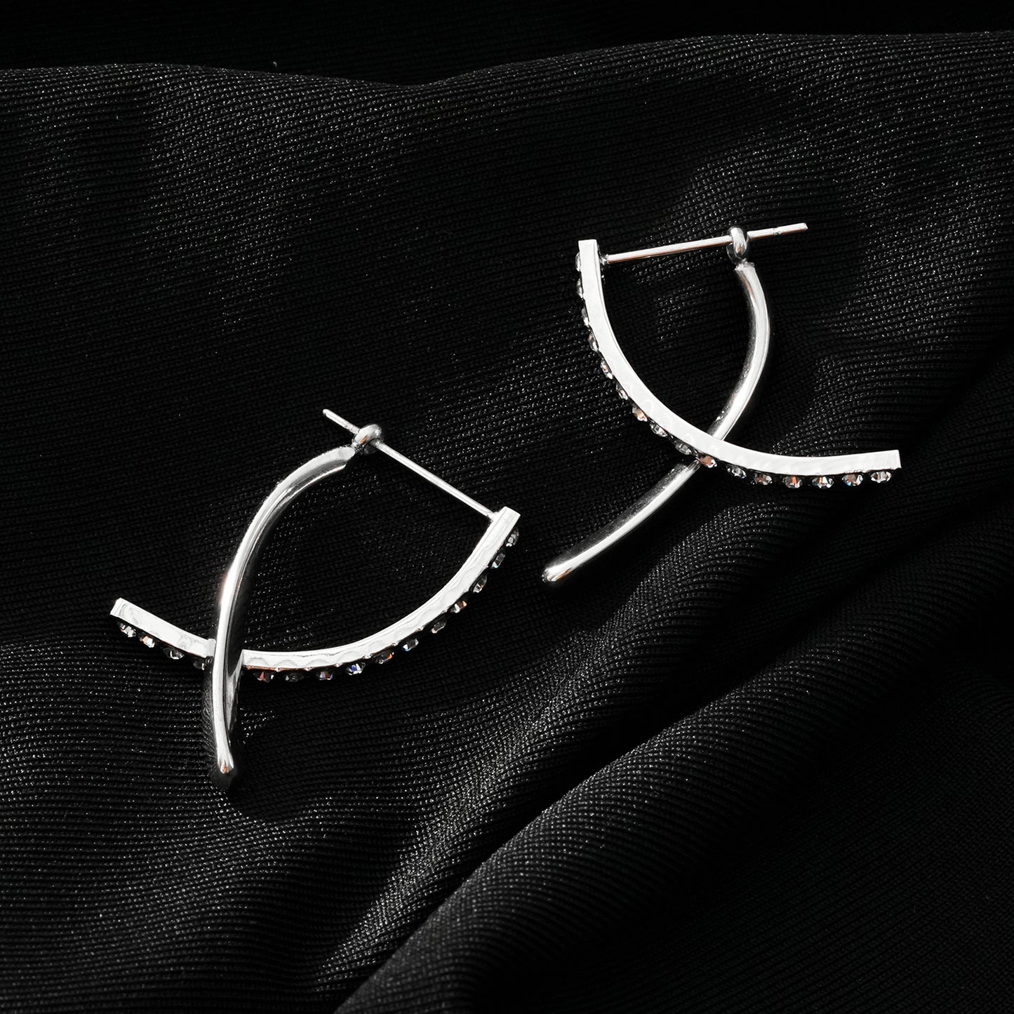 CREEDA White Gold (Silver Toned): Avant-Garde Shaped Detachable Hoop Earrings with Zirconia Gemstones