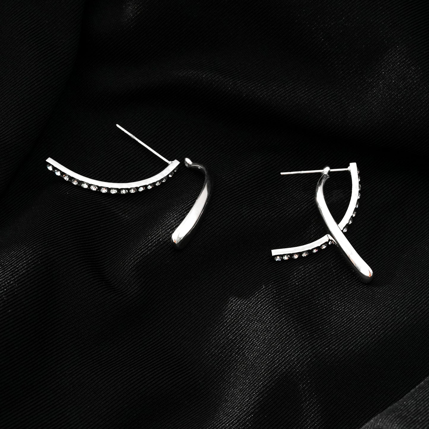 CREEDA White Gold (Silver Toned): Avant-Garde Shaped Detachable Hoop Earrings with Zirconia Gemstones