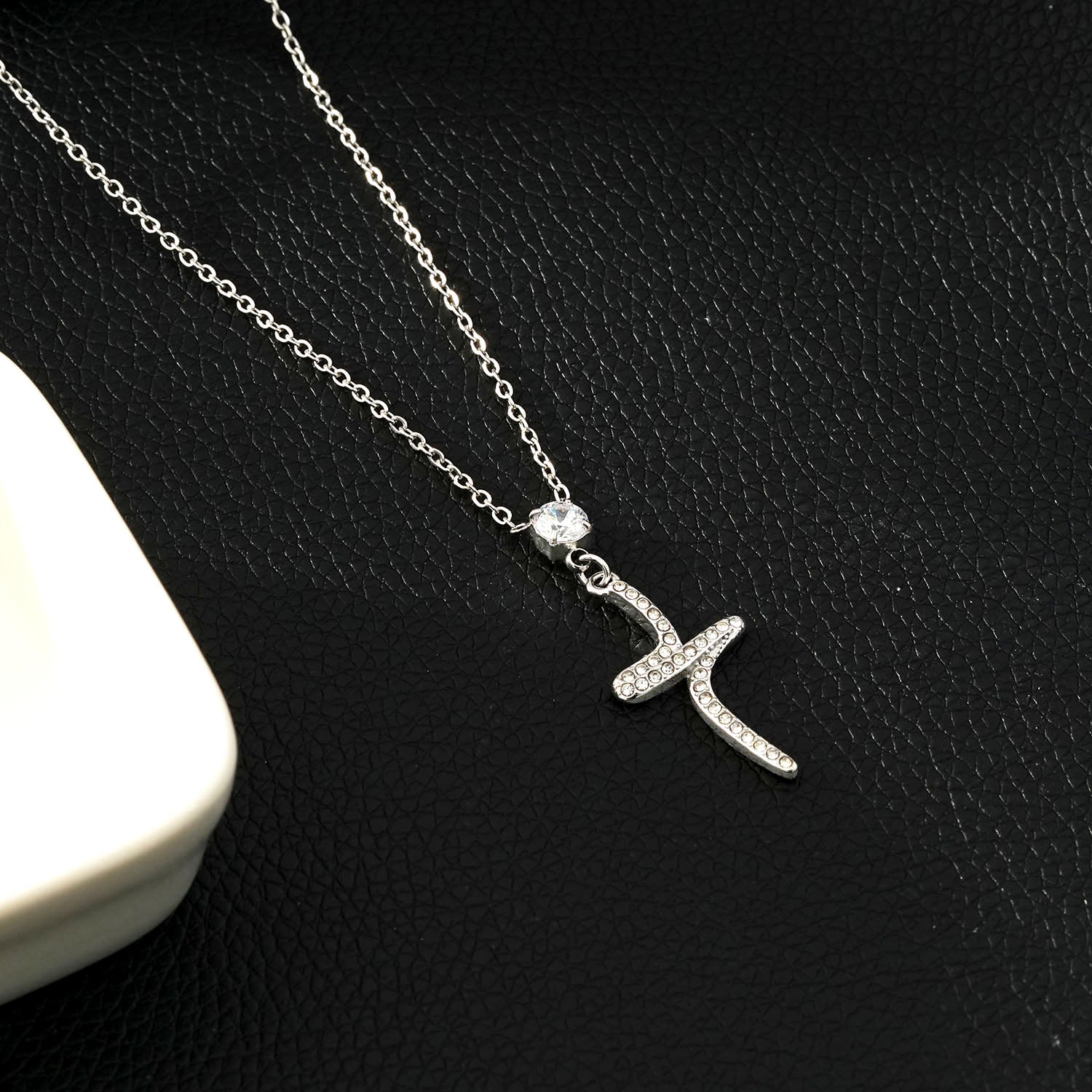 CRISTO Silver Toned White Gold: Dainty Beaded Chain Necklace with an Abstract Textured Cross Pendent