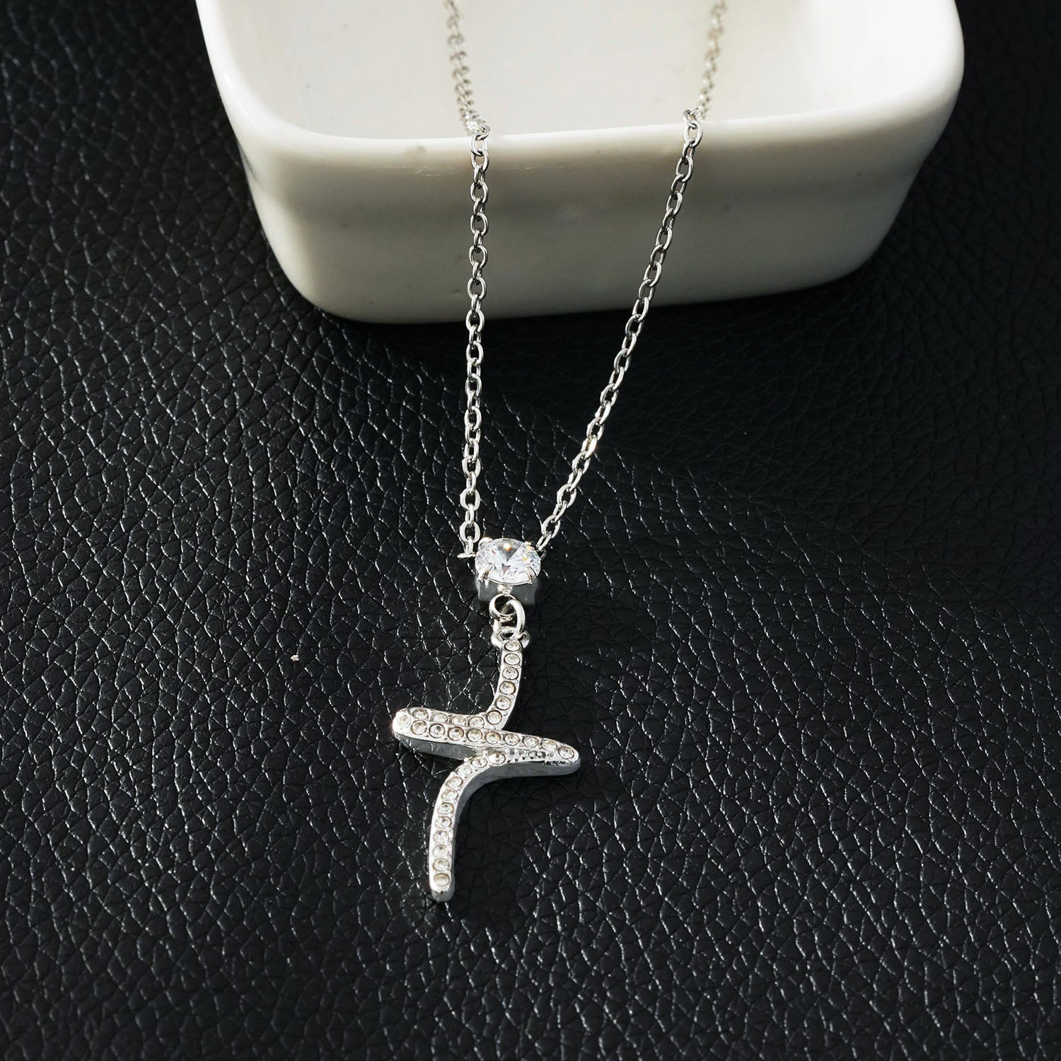 CRISTO Silver Toned White Gold: Dainty Beaded Chain Necklace with an Abstract Textured Cross Pendent