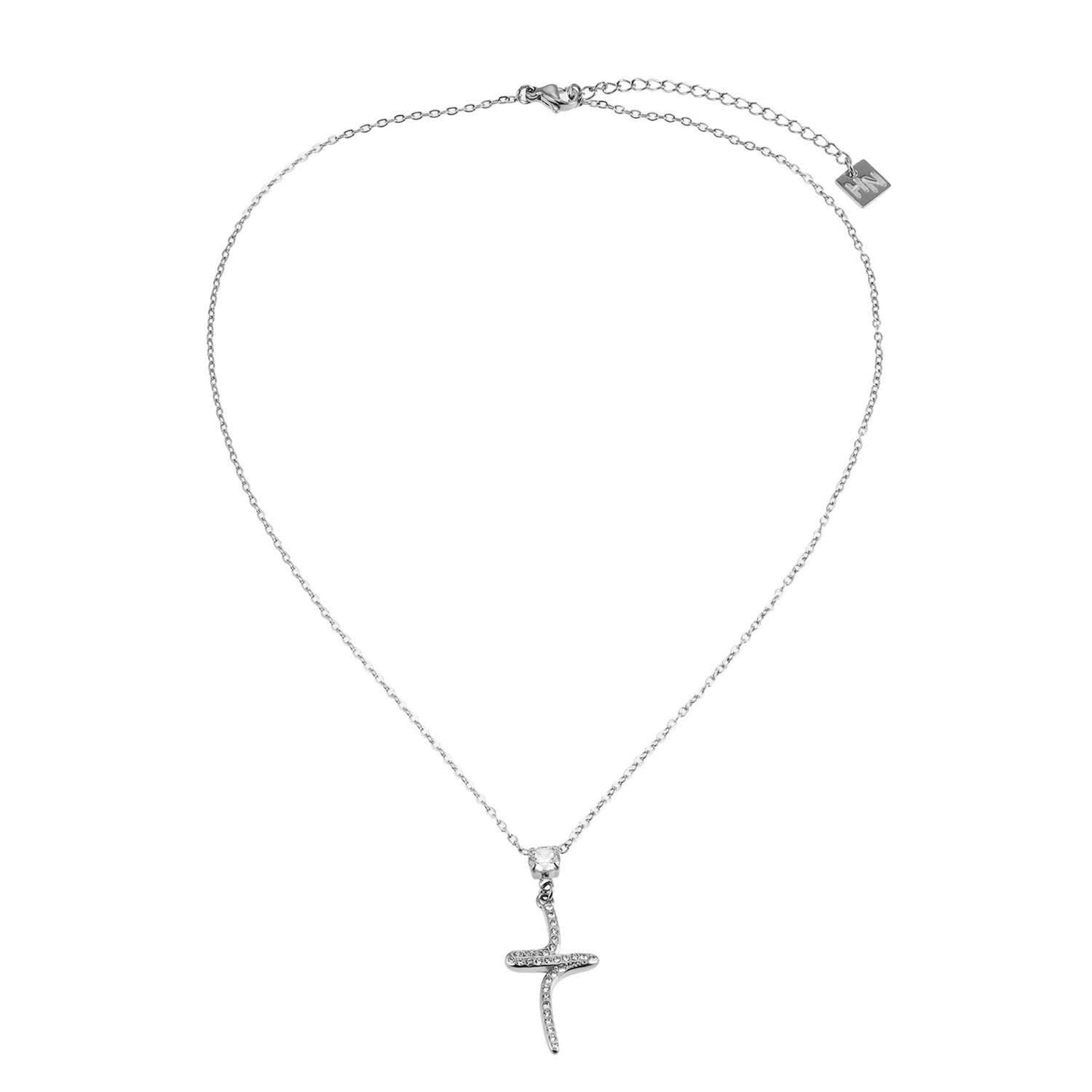 CRISTO Silver Toned White Gold: Dainty Beaded Chain Necklace with an Abstract Textured Cross Pendent