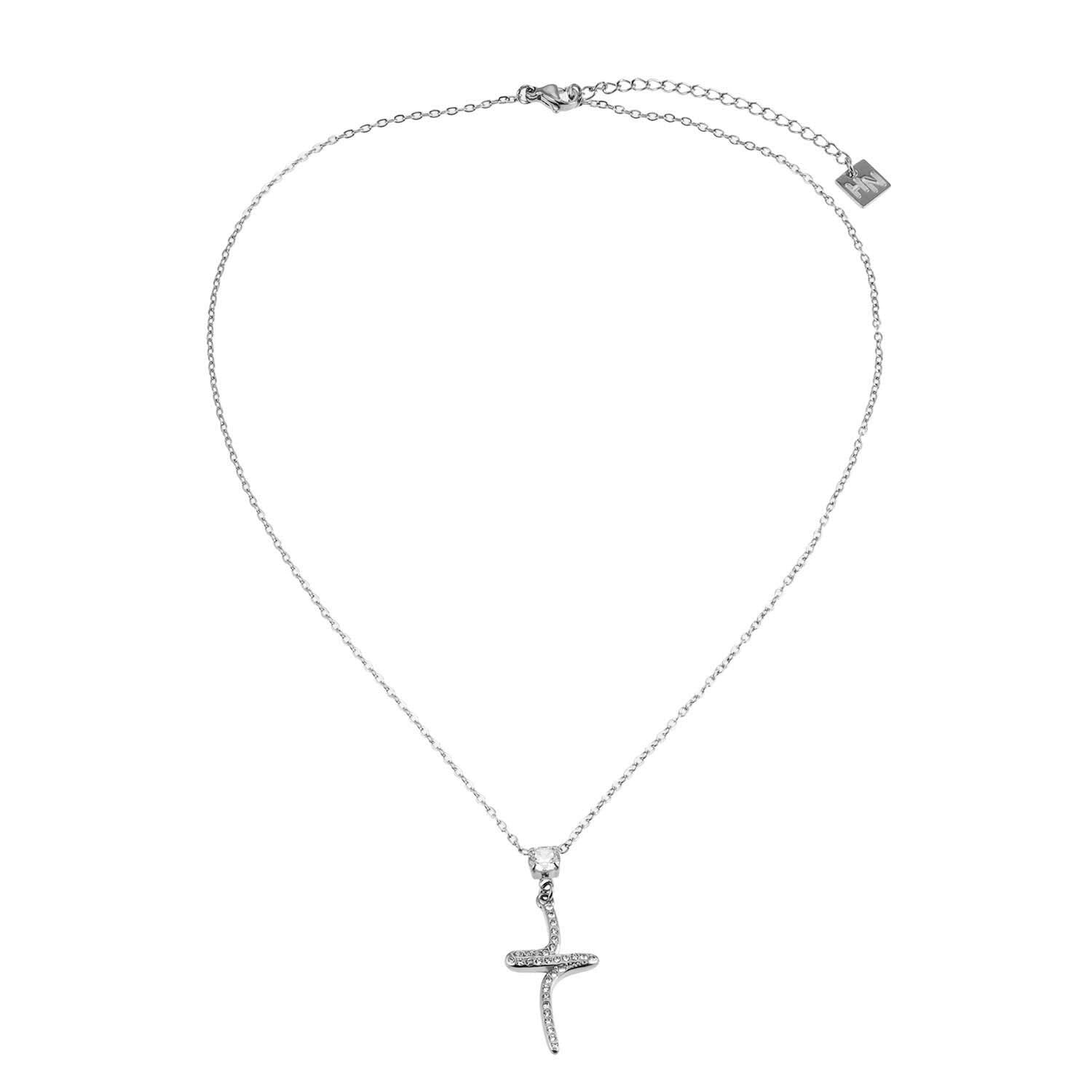 CRISTO Silver Toned White Gold: Dainty Beaded Chain Necklace with an Abstract Textured Cross Pendent