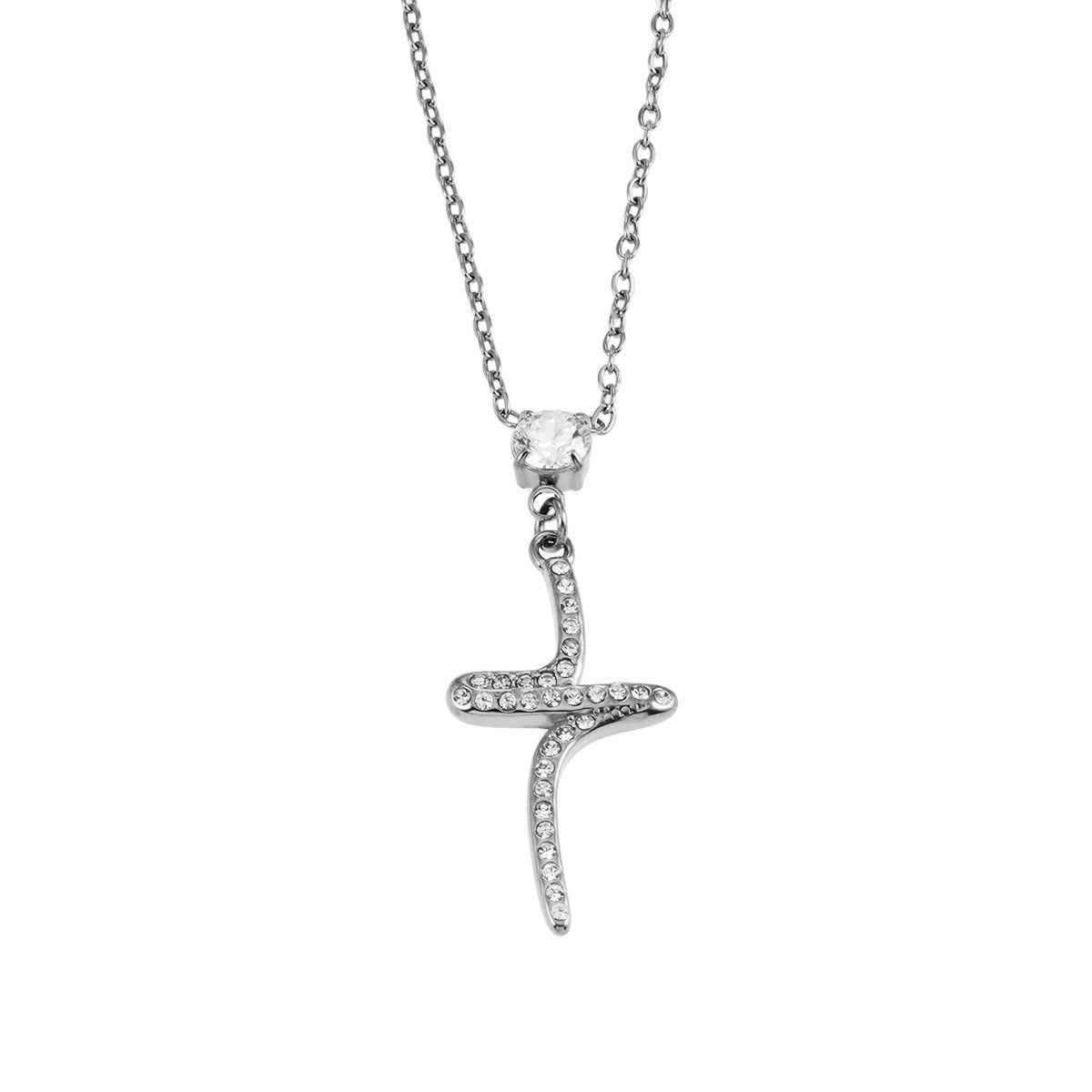 CRISTO Silver Toned White Gold: Dainty Beaded Chain Necklace with an Abstract Textured Cross Pendent