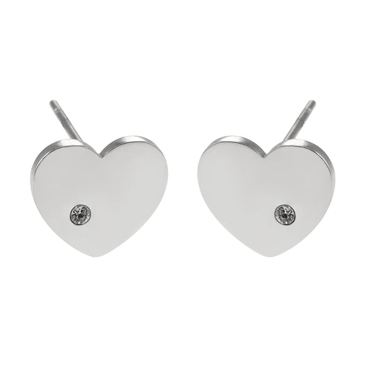 CUORE Silver Toned White Gold: Heart Shaped Solitaire Zirconia Stud Earrings