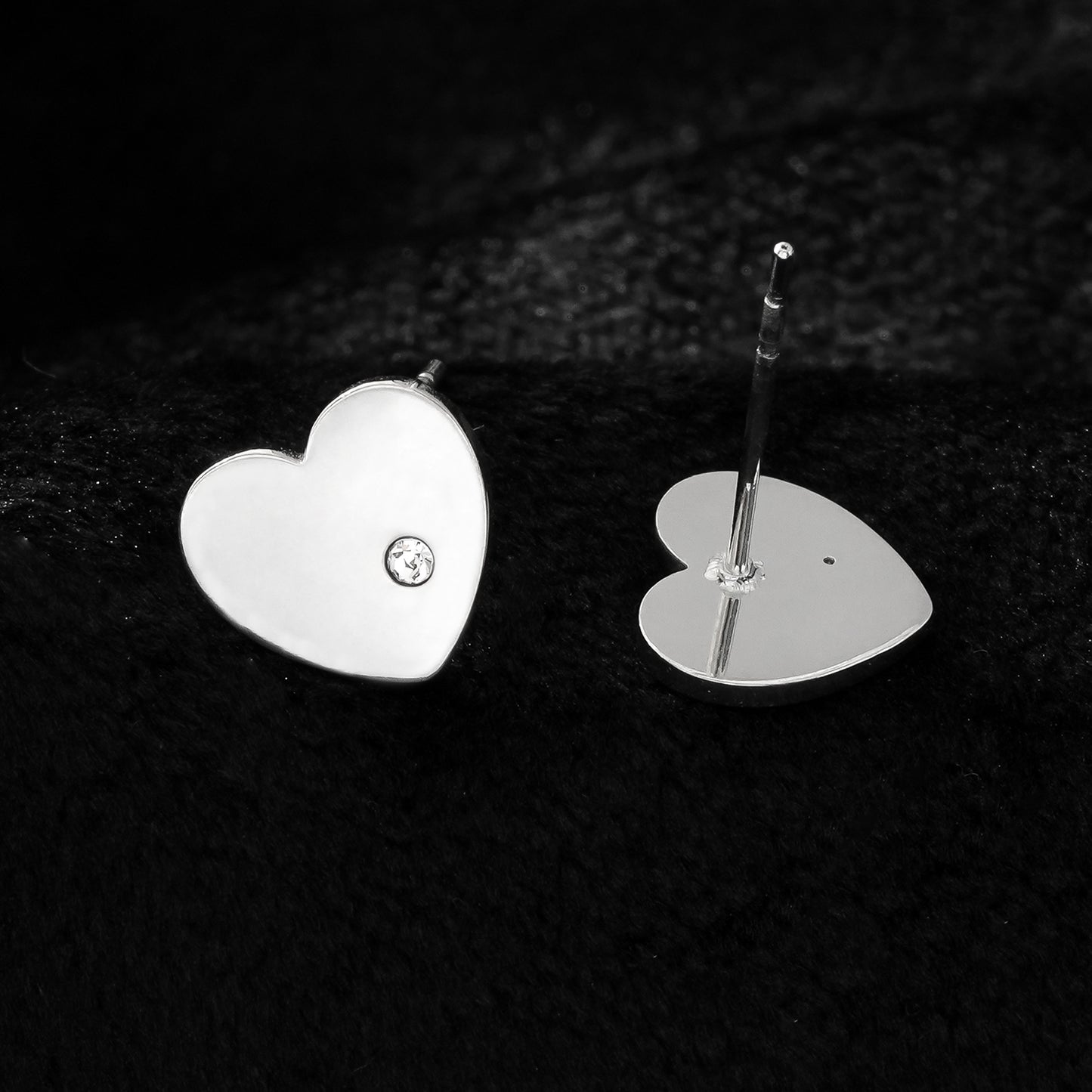 CUORE Silver Toned White Gold: Heart Shaped Solitaire Zirconia Stud Earrings