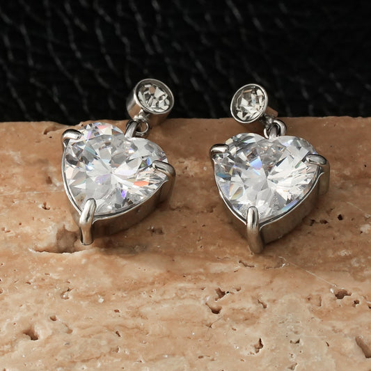 DAROCCA White Gold (Silver Toned): Large Heart Shaped & Mini Solitaire Round Shaped Zirconia Combo Studs