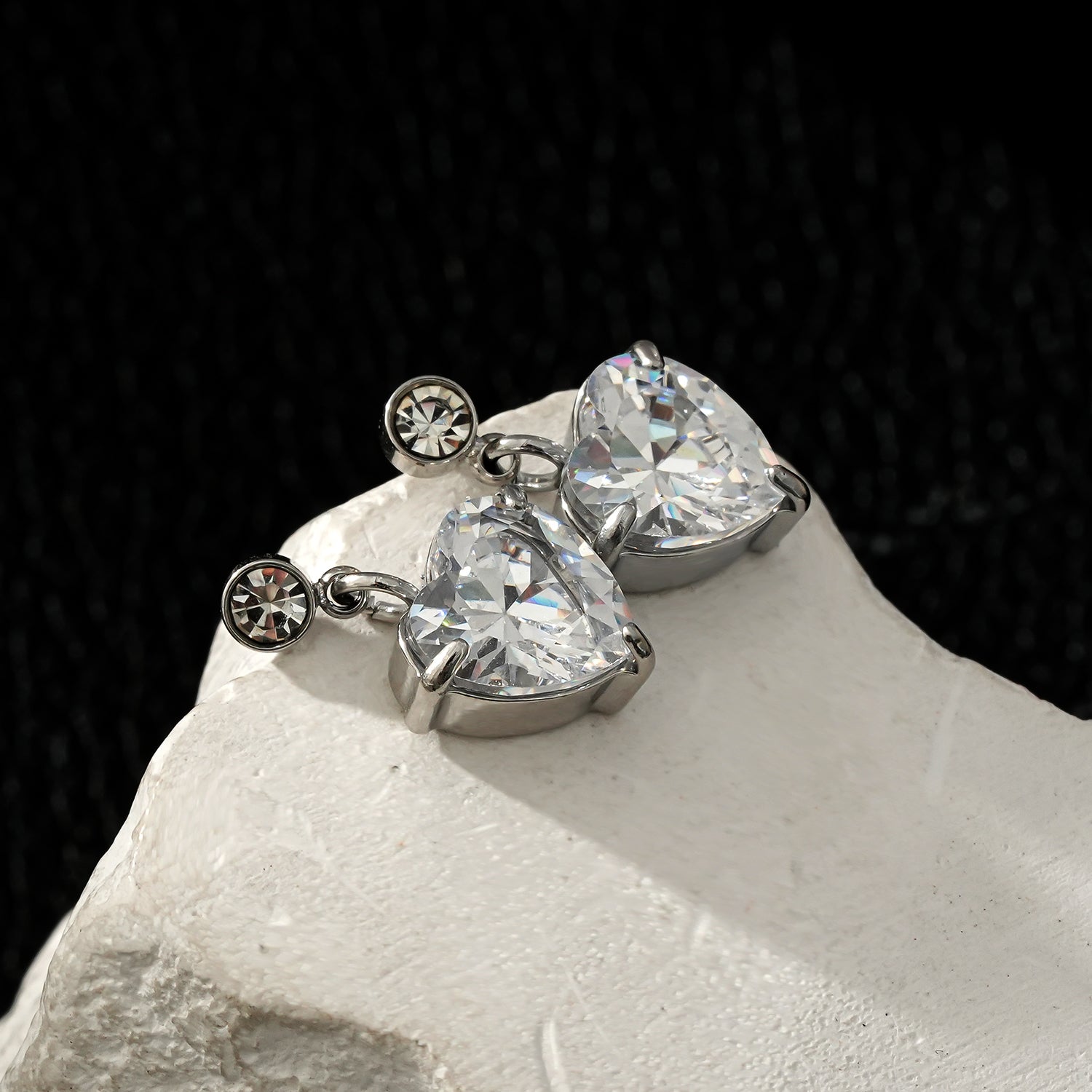 DAROCCA White Gold (Silver Toned): Large Heart Shaped & Mini Solitaire Round Shaped Zirconia Combo Studs