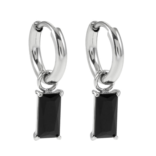 DAYSIA White Gold (Silver Toned):  Vintage Inspired Encased Black Crystal Drop Earrings.