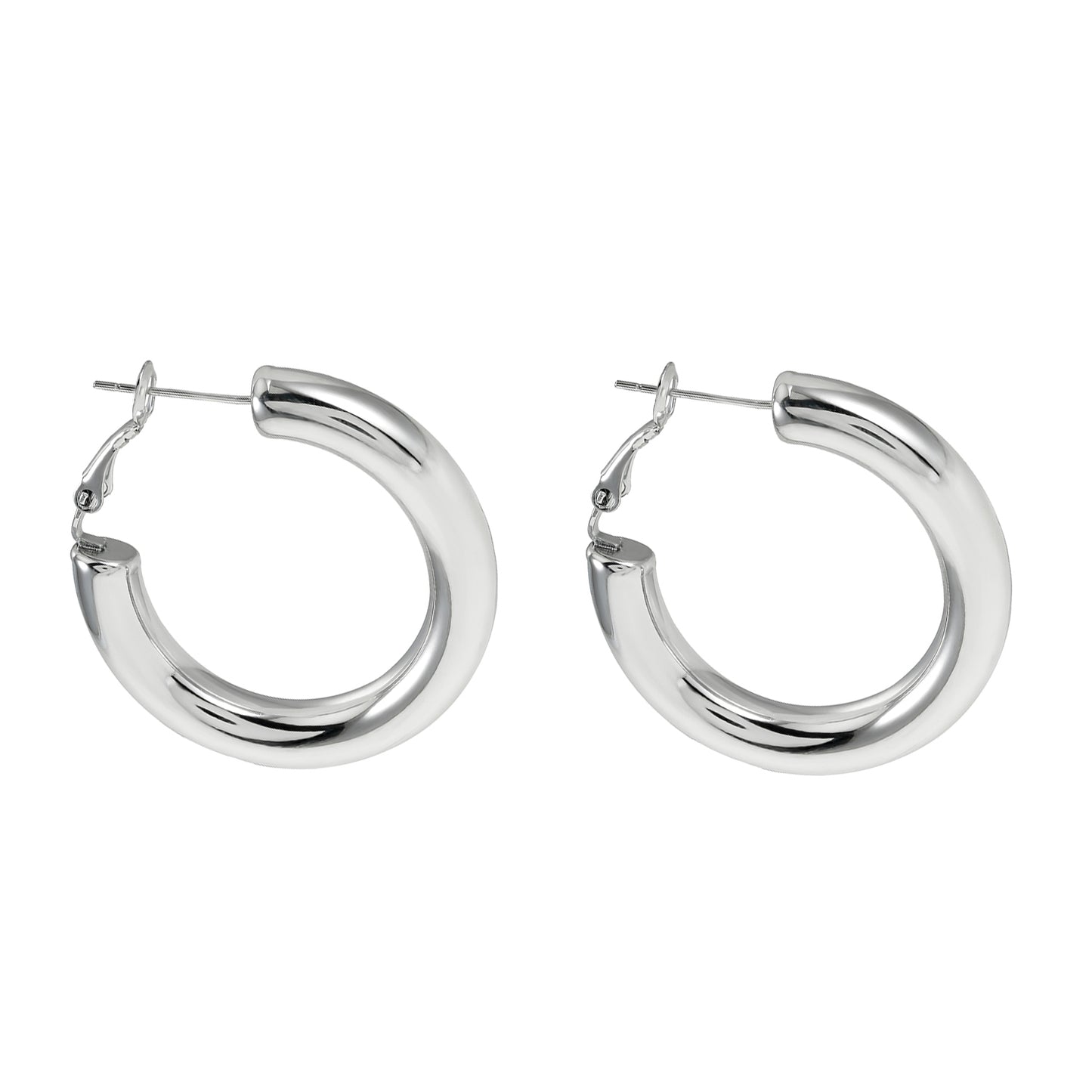 DERIVIER: Semi-Wide Essential Hoop Earrings in Silver Toned White Gold (3.5cm)