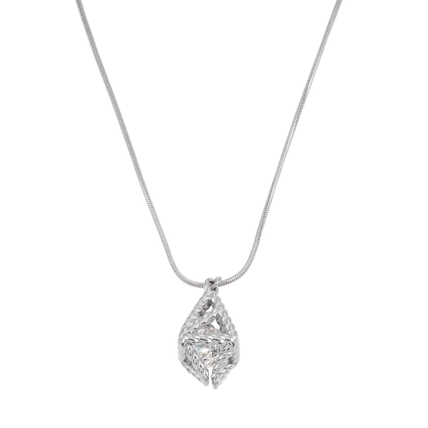 Style KARJAT: Silver (White Gold) Chain Necklace with Geometric Caged Zirconia Pendant